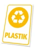Tabliczka na kosz Plastik - Wzór graficzny. Żółty piktogram recyklingu na białym tle z napisem plastik