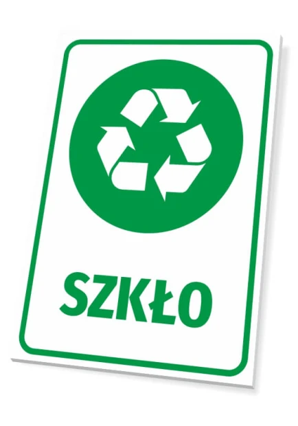 Tabliczka na kosz Szkło - Wzór graficzny. Zielony piktogram recyklingu z napisem SZKŁO na białym tle