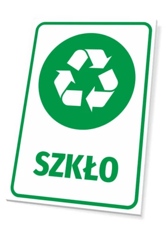 Tabliczka na kosz Szkło - Wzór graficzny. Zielony piktogram recyklingu z napisem SZKŁO na białym tle