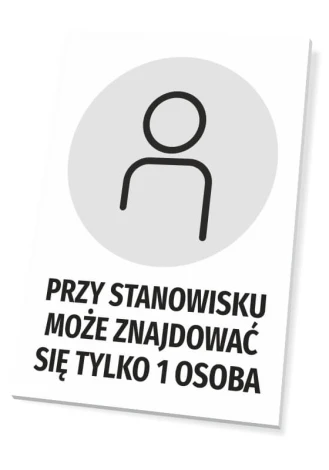 Tabliczka Przy stanowisku może znajdować się tylko 1 osoba - Wzór graficzny. Okrągły piktogram postaci na szarym tle z dużym