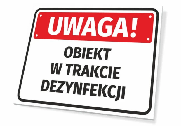 Tabliczka Uwaga Obiekt w trakcie dezynfekcji - Wzór graficzny. Prosta tabliczka z czerwonym tłem i dużymi czarnymi literami