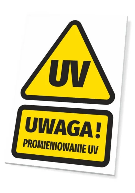 Tabliczka Uwaga Promieniowanie UV - Wzór graficzny. Żółty trójkąt z czarnym napisem UV oraz prostokąt z napisem Uwaga!