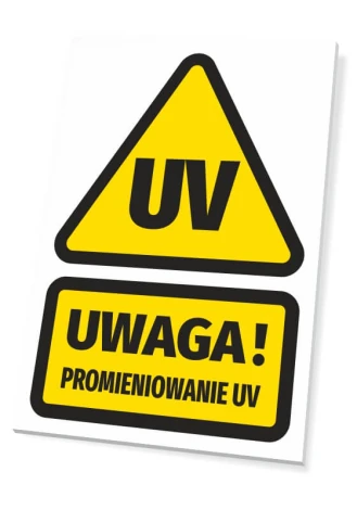 Tabliczka Uwaga Promieniowanie UV - Wzór graficzny. Żółty trójkąt z czarnym napisem UV oraz prostokąt z napisem Uwaga!