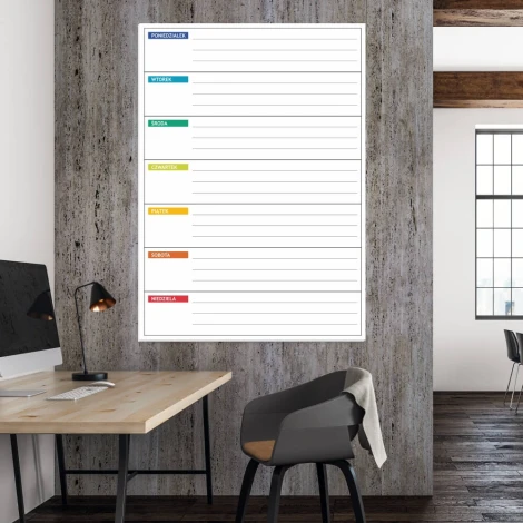 Magnetyczna tablica suchościeralna lean 044 planer tygodniowy - Aranżacja w biurze. Ściany w odcieniach szarości, drewniane