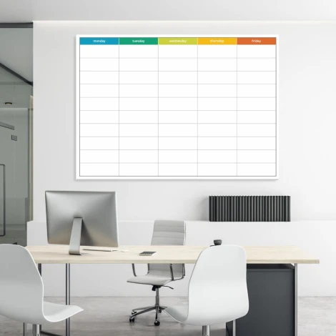 Magnetyczna tablica suchościeralna lean 061 planer tygodniowy angielski - Aranżacja w biurze. Ściany w jasnych kolorach