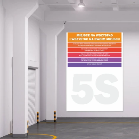 Magnetyczna tablica suchościeralna lean 5S 062 z notatnikiem - Wzór graficzny. Na białym tle tekst w kolorach pomarańczowym