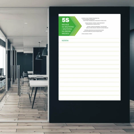 Magnetyczna tablica suchościeralna lean 5S 064 z notatnikiem - Aranżacja w biurze. Ściany w jasnych kolorach, nowoczesne