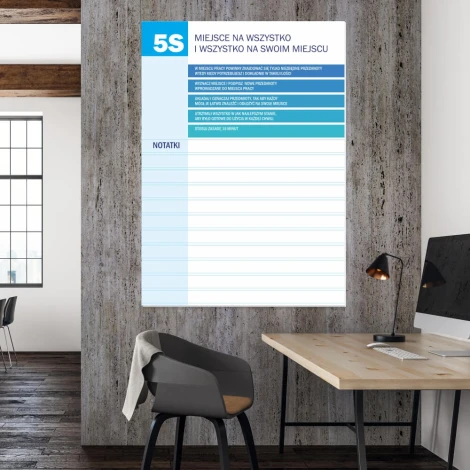 Magnetyczna tablica suchościeralna lean 5S 065 z notatnikiem - Aranżacja w biurze. Ściany w odcieniach szarości, drewniane