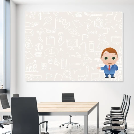 Magnetyczna tablica suchościeralna lean ikony 026 - Wzór graficzny. Grafika przedstawia postać w garniturze oraz różne ikony
