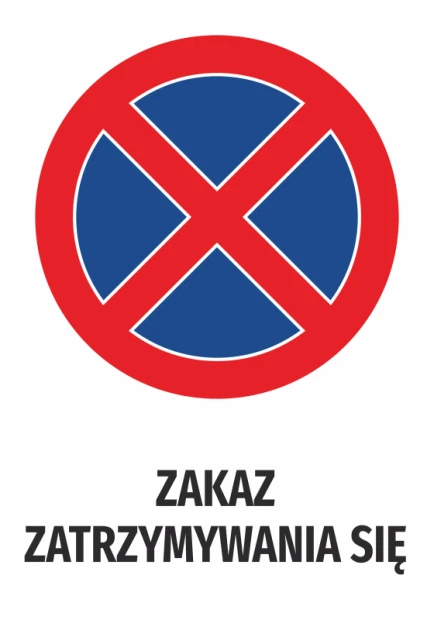 Naklejka Zakaz zatrzymywania się N556 - Wzór graficzny. Czerwony okrąg z niebieskim krzyżem w środku. Tekst pod grafiką
