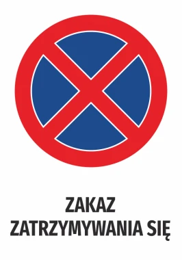 Naklejka Zakaz zatrzymywania się N556 - Wzór graficzny. Czerwony okrąg z niebieskim krzyżem w środku. Tekst pod grafiką