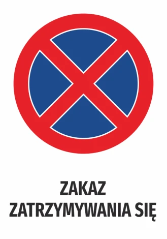 Naklejka Zakaz zatrzymywania się N556 - Wzór graficzny. Czerwony okrąg z niebieskim krzyżem w środku. Tekst pod grafiką