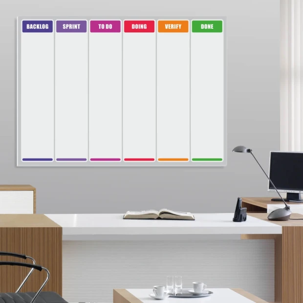Tablica magnetyczna suchościeralna z nadrukiem scrum board we wnętrzu biurowym
