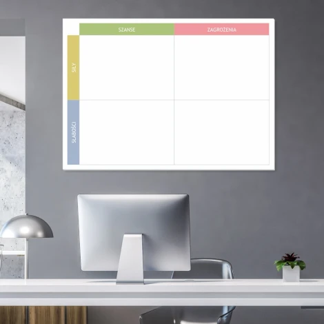 Tablica suchościeralna magnetyczna analiza swot 033 - Aranżacja w biurze. Ściany w odcieniach szarości, minimalistyczne