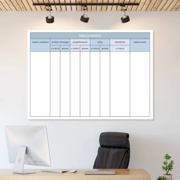 Tablica suchościeralna magnetyczna lean kanban 019 - Aranżacja w biurze. Ściany w jasnym kolorze, drewniana podłoga
