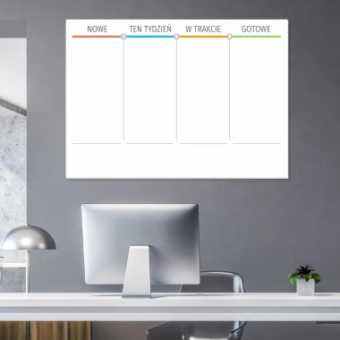Tablica kanban suchościeralna magnetyczna kanban board 097 - Aranżacja w biurze. Ściany w odcieniach szarości, nowoczesne
