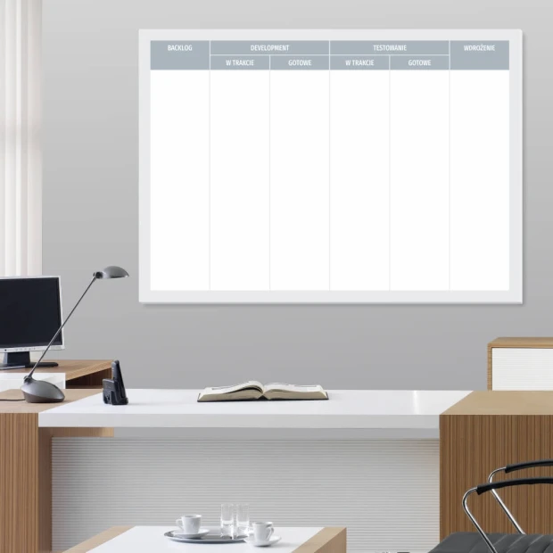 Tablica magnetyczna kanban suchościeralna lean board 095 - Aranżacja w biurze. Jasne ściany i drewniane meble