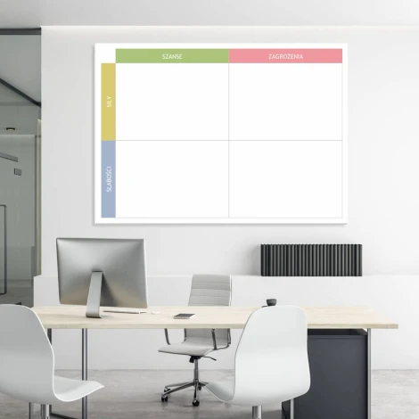Tablica suchościeralna analiza swot 033 - Aranżacja w biurze. Ściany w jasnym kolorze, nowoczesne meble w minimalistycznym