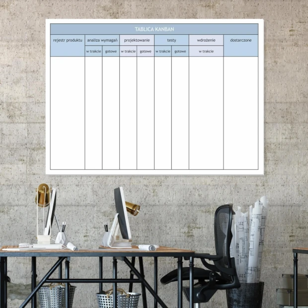 Tablica suchościeralna lean kanban 019 - Aranżacja w biurze. Ściany w odcieniu szaro-beżowym, nowoczesne meble biurowe