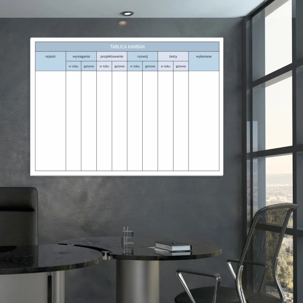 Tablica suchościeralna lean kanban 020 - Aranżacja w biurze. Ściany w odcieniach szarości, nowoczesne meble