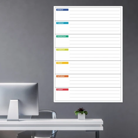 Tablica suchościeralna lean planer tygodniowy angielski 045 - Aranżacja w biurze. Szare ściany i nowoczesne meble