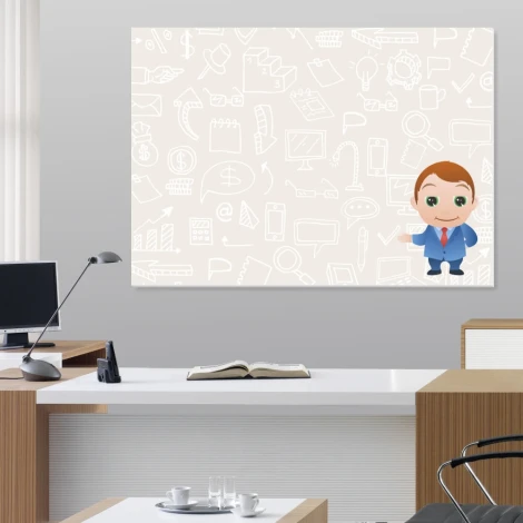 Tablica suchościeralna notatnik 026 - Wzór graficzny. Na tle jasnym znajdują się rysunki symboli biurowych oraz postać
