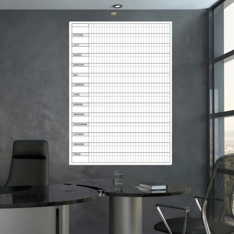 Tablica suchościeralna planer roczny 011 - Aranżacja w biurze. Ściany w odcieniach szarości, nowoczesne meble