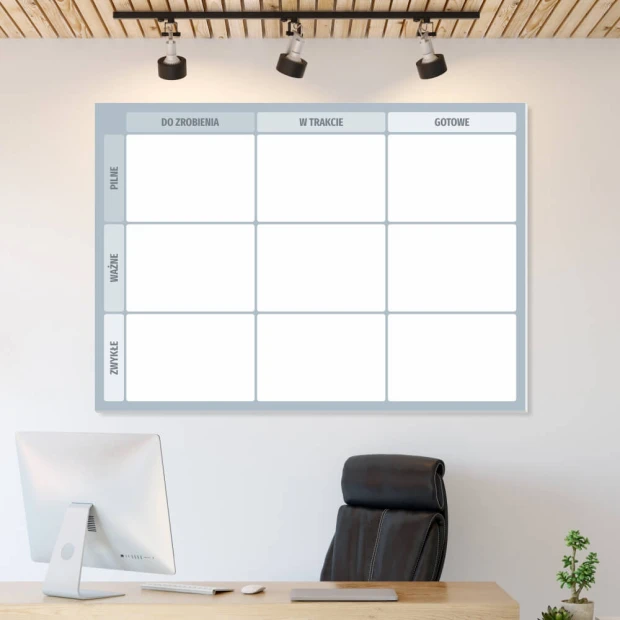 Tablica magnetyczna z nadrukiem kanban board we wnętrzu biurowym
