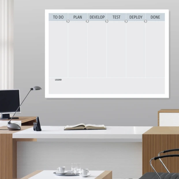Kanban board tablica suchościeralna lean 093 - Aranżacja w biurze. Ściany w jasnym kolorze, nowoczesne meble z drewna