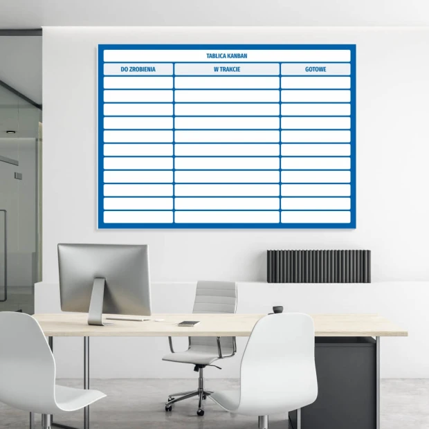 Kanban tablica suchościeralna Lean 115 - Aranżacja w biurze. Ściany w jasnym kolorze, nowoczesne meble w minimalistycznym