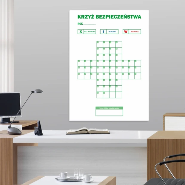 Prostokątna tablica suchościeralna z nadrukiem rocznego krzyża bezpieczeństwa i legendą we wnętrzu biurowym