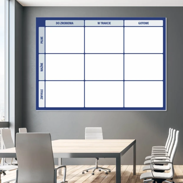 Lean Kanban tablica suchościeralna 116 - Aranżacja w biurze. Szare ściany i jasne meble