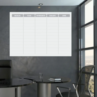 Scrum board 142 Tablica suchościeralna lean - Aranżacja w biurze. Szare ściany i nowoczesne meble