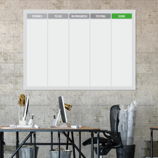 Tablica suchościeralna z nadrukiem Scrum task board we wnętrzu biurowym