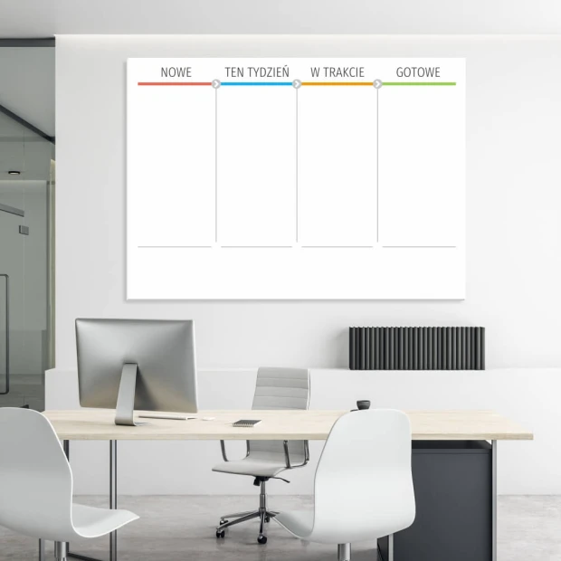 Tablica kanban suchościeralna lean board 097 - Aranżacja w biurze. Ściany w jasnym kolorze, minimalistyczne meble