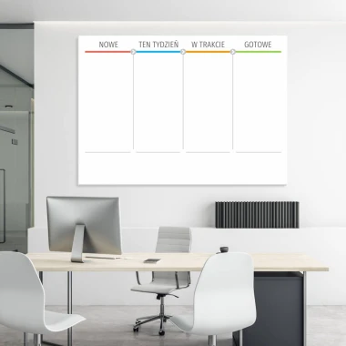 Tablica kanban suchościeralna lean board 097 - Aranżacja w biurze. Ściany w jasnym kolorze, minimalistyczne meble