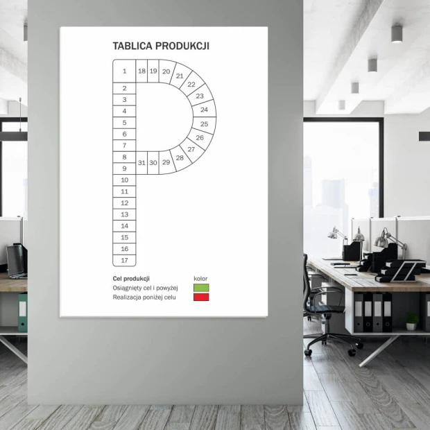 Tablica lean suchościeralna cel produkcji 088 - Wzór graficzny. Prosta siatka z numerami w okręgach, litera P w dużym