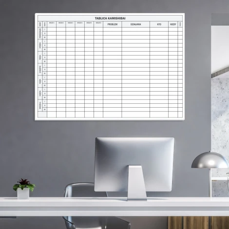 Tablica suchościeralna kamishibai lean 083 - Aranżacja w biurze. Ściany w jasnym kolorze, nowoczesne meble