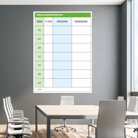 Tablica suchościeralna lean bezpieczeństwo na produkcji 072 - Aranżacja w biurze. Ściany w odcieniu szaro-beżowym, stół