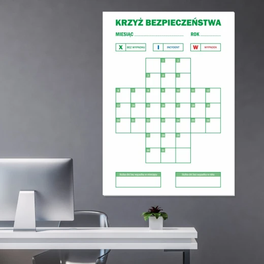 Tablica suchościeralna z nadrukiem krzyża bezpieczeństwa zamontowana na ścianie w biurze