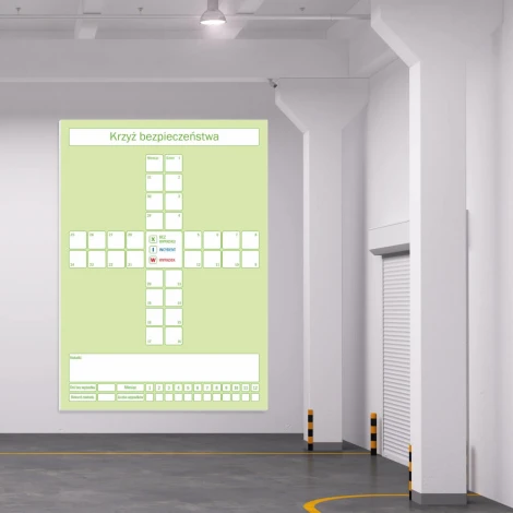 Tablica suchościeralna lean krzyż bezpieczeństwa 082 - Aranżacja w biurze. Ściany są jasne, a podłoga betonowa