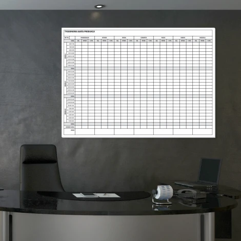 Tablica suchościeralna lean tygodniowa karta produkcji 070 - Aranżacja w biurze. Ściany w ciemnym kolorze, minimalistyczne