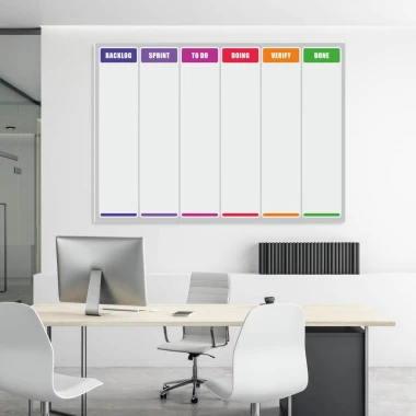 Tablica suchościeralna scrum lean board 139 - Aranżacja w biurze. Ściany w jasnym kolorze, nowoczesne meble