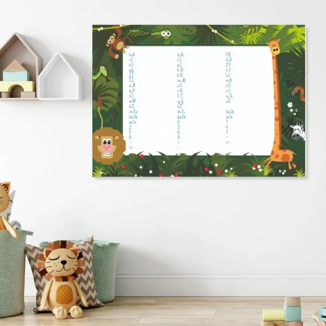 Tablica suchościeralna EDU nauka pisania 032 - Wzór graficzny. Na tle zieleni znajdują się zwierzęta i litery