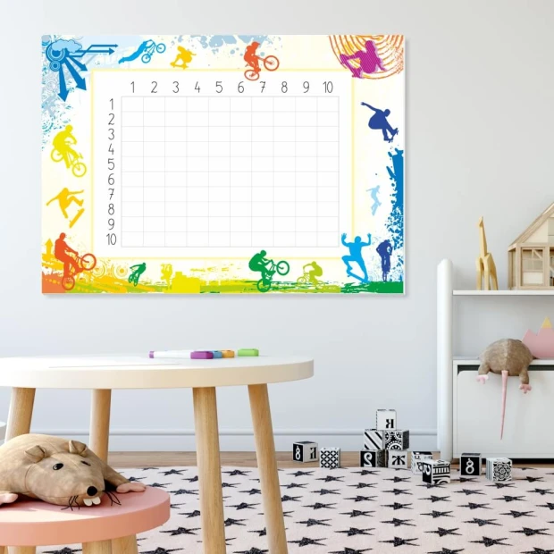 Tablica suchościeralna EDU tabliczka mnożenia 018 - Wzór graficzny. Na tle w jasnych kolorach znajdują się sylwetki