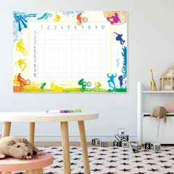 Tablica suchościeralna EDU tabliczka mnożenia 018 - Wzór graficzny. Na tle w jasnych kolorach znajdują się sylwetki
