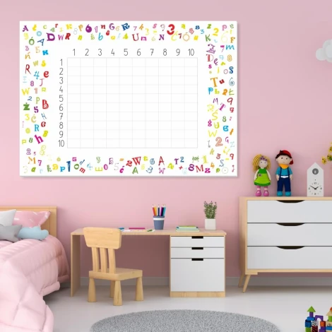 Tablica suchościeralna EDU tabliczka mnożenia 034 - Wzór graficzny. Na białym tle znajdują się kolorowe litery i cyfry