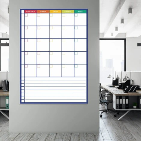 Tablica suchościeralna plan tygodnia z notatnikiem 274 - Aranżacja w biurze. Ściany są jasne, a meble w odcieniach szarości