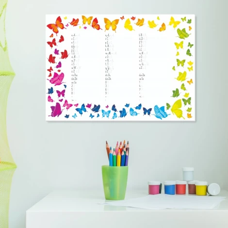 Nauka pisania tablica suchościeralna magnetyczna 040 - Wzór graficzny. Kolorowe motyle otaczają tabelę z literami i cyframi
