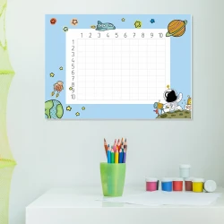 Tablica dla dzieci suchościeralna tabliczka mnożenia magnetyczna kosmos EDU 051 - Wzór graficzny. Na niebieskim tle znajdują